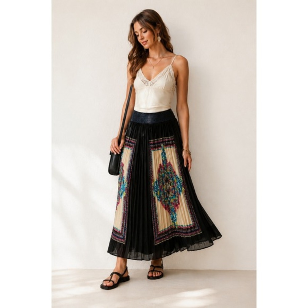Lucky & Coco Pleated Midi Skirt L Boho Medallion Panel Festival Hippie Gypsy